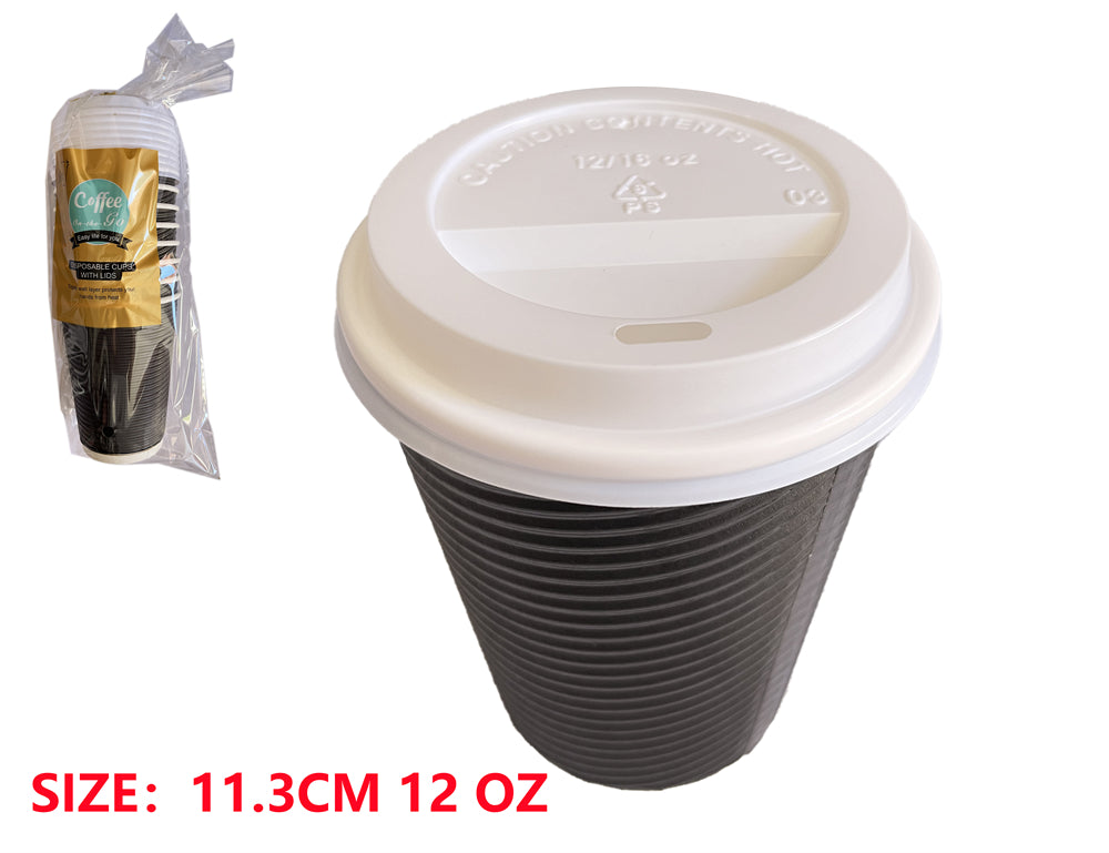 Black Ripple Wall Compostable Coffee Cups 12oz-pack of 8
