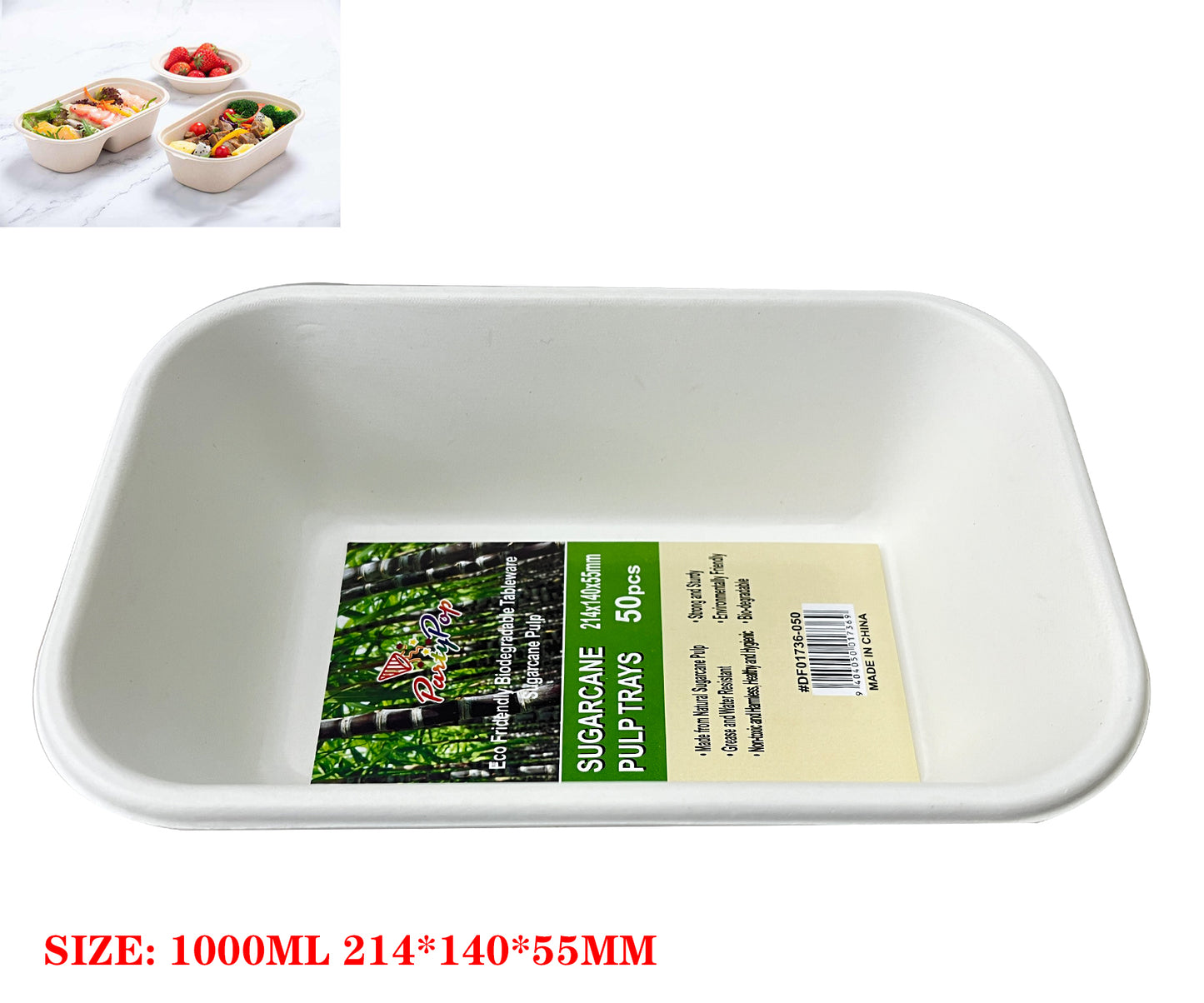 Sugarcane Pulp Rectangle Trays 1000ml-pack of 50