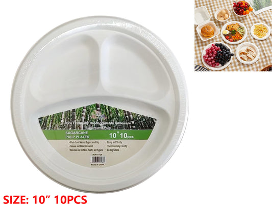 Sugarcane Pulp Plates 10" – 3 Compartments-pack of 10