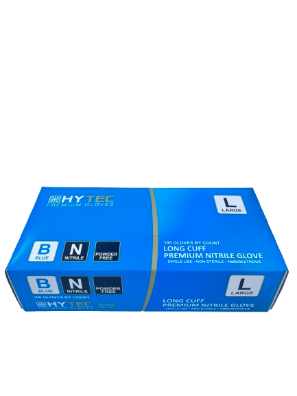 Hytec Premium Blue Long Cuff Nitrile Gloves, Powder Free