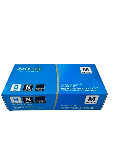 Hytec Premium Blue Long Cuff Nitrile Gloves, Powder Free