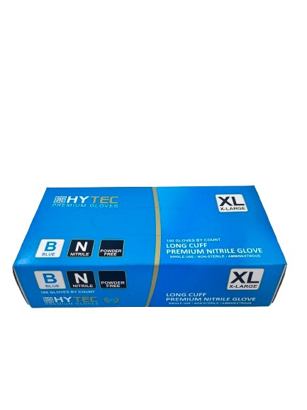 Hytec Premium Blue Long Cuff Nitrile Gloves, Powder Free