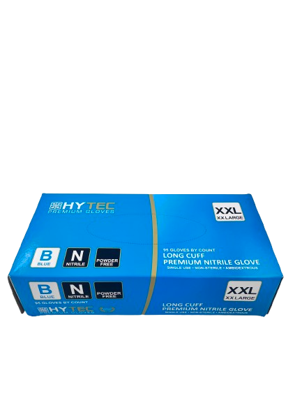 Hytec Premium Blue Long Cuff Nitrile Gloves, Powder Free