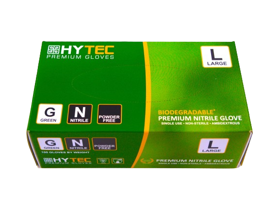 Hytec Premium Green Nitrile Gloves, Powder Free, Biodegradable