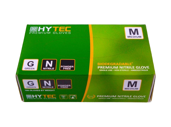 Hytec Premium Green Nitrile Gloves, Powder Free, Biodegradable