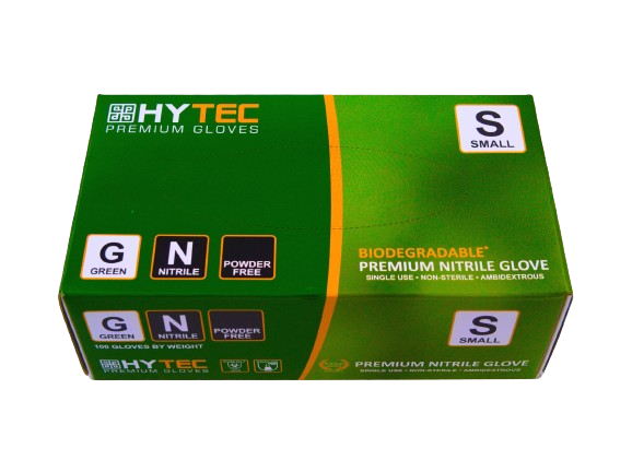 Hytec Premium Green Nitrile Gloves, Powder Free, Biodegradable
