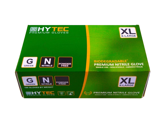 Hytec Premium Green Nitrile Gloves, Powder Free, Biodegradable