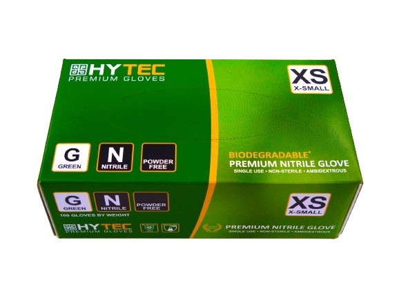 Hytec Premium Green Nitrile Gloves, Powder Free, Biodegradable